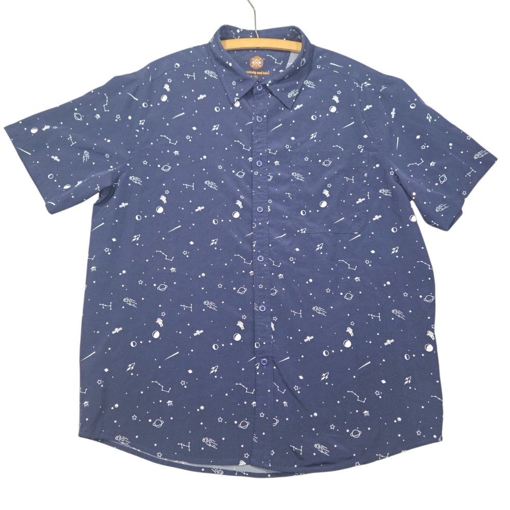 Mountain and Isles S/S Button Down Shirt Space Galaxy Print Navy Sz M